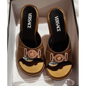 NWT • Versace • Biggie Metallic Medusa Leather Mules •Tawny Brown - EU 37 (US 7)